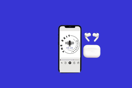 Smartphone with app interface and wireless earbuds on a blue background